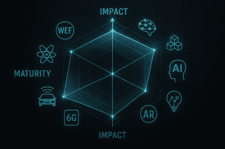 Radar chart of 10 techs: maturity, impact, risk—watermarking high maturity/low risk, fusion low maturity/high impact