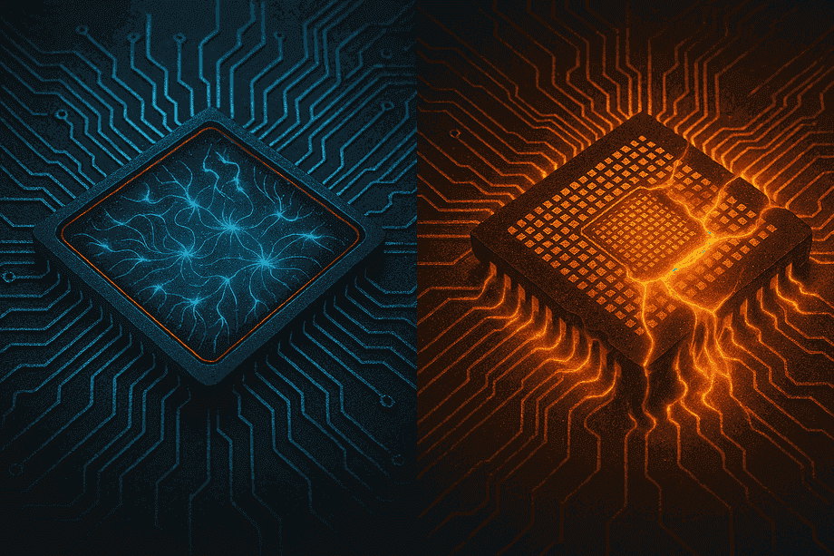 Neuromorphic chip cross-section with spiking waves vs traditional CPU grid melting under heat