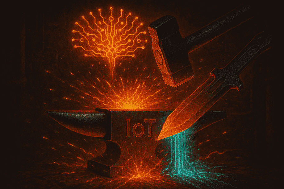 AI neural crown forging IoT sensor anvil while automation blade quenches in data stream Matter links glowing