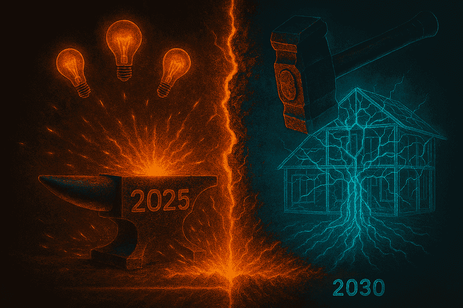 Timeline forge from 2025 bulbs to 2030 quantum hammer striking a neural home skeleton