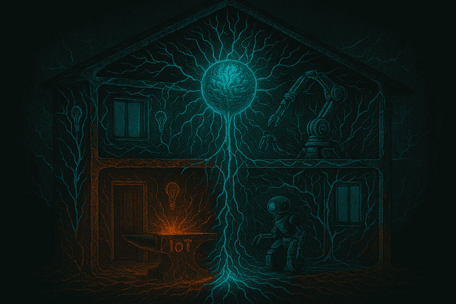 2030 home cross‑section neural IoT veins, AI core pulsing, cobots in motion