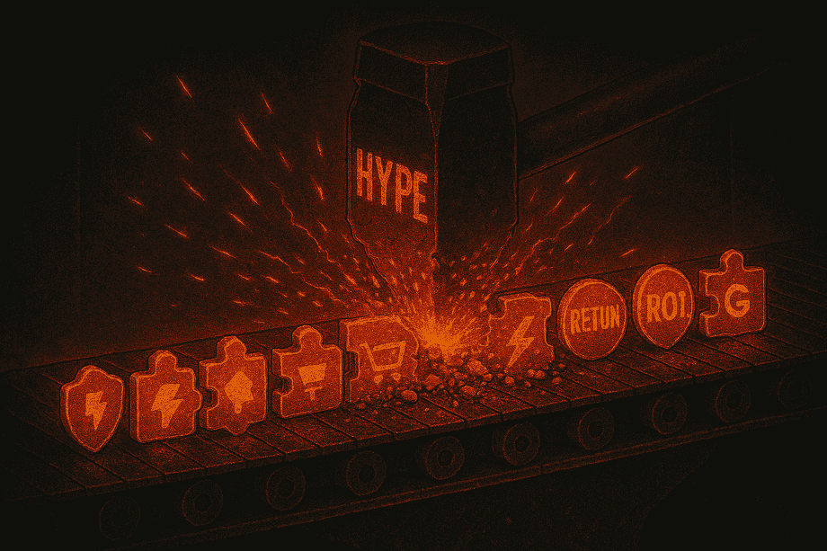 Cull chamber extension icons on a conveyor; most crushed by a hype hammer while ROI survivors glow