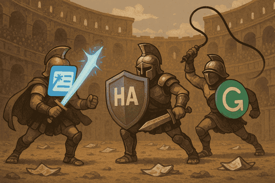 Extension gladiators Magical autofill blade, HARPA automation gears, Grammarly whip cracking prose