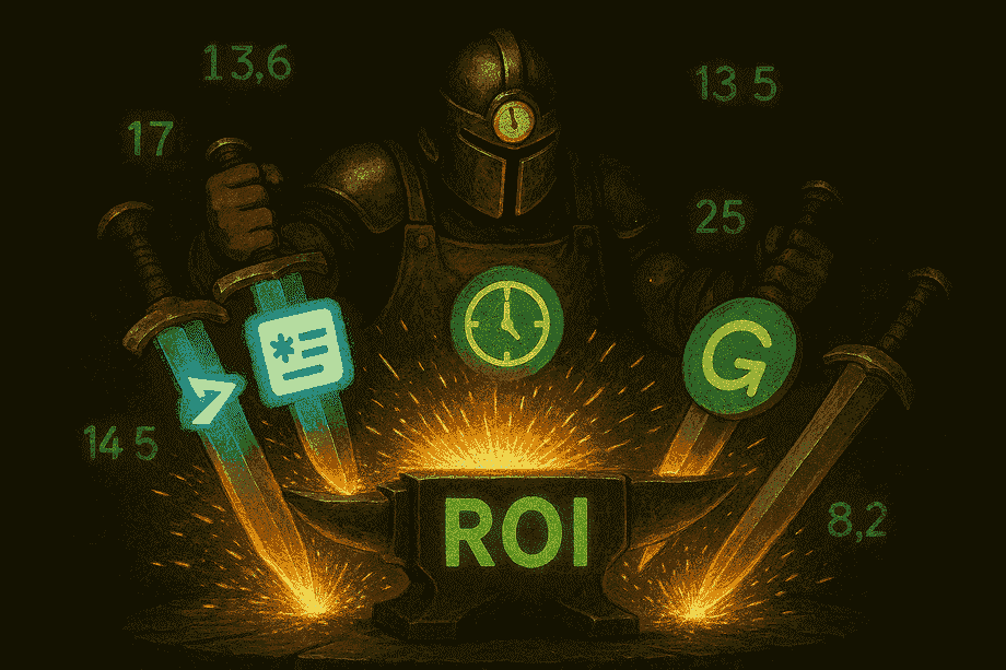 ROI forge extensions sharpening against a time anvil; green metrics glowing