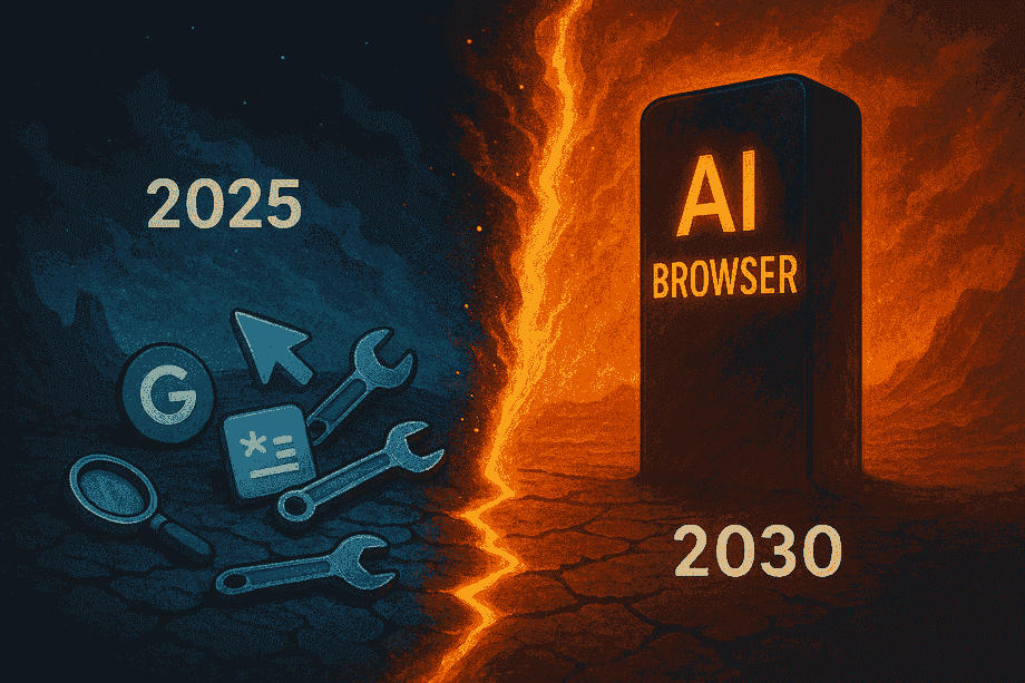 Horizon rift 2025 scattered icons merging into a 2030 AI browser monolith