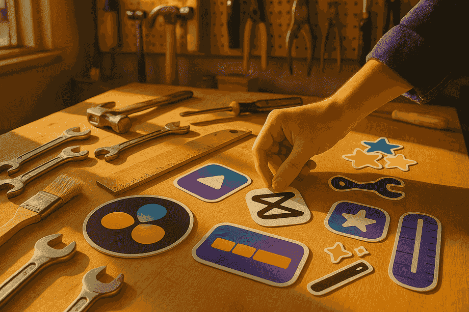 A bright workbench comparing editing UIs: DaVinci color wheel, CapCut effect sticker, Clipchamp ruler timeline