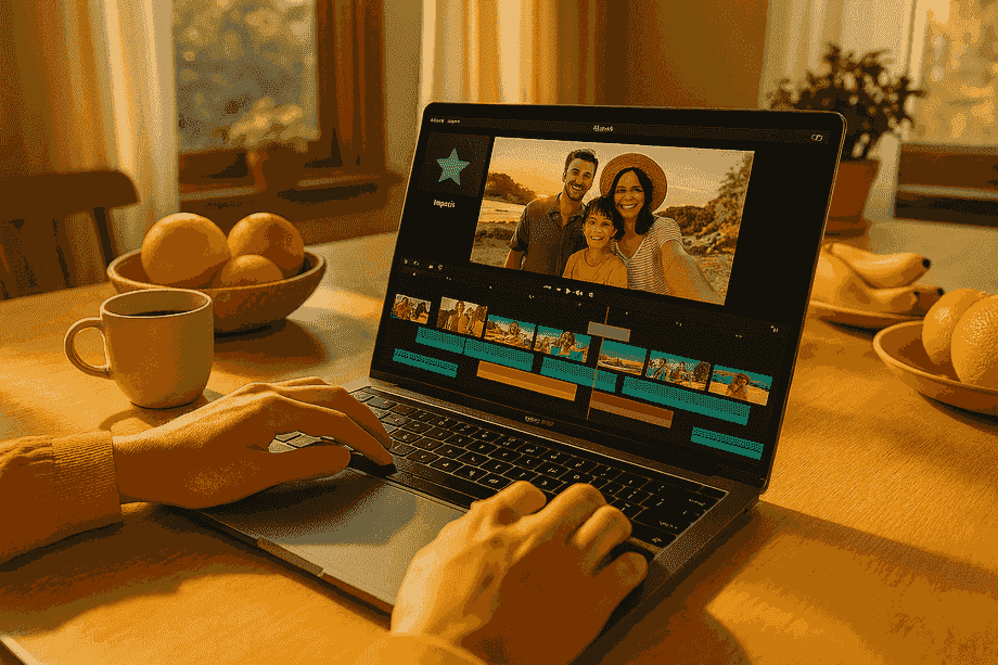 A MacBook with iMovie timeline, sunny picnic video editing in progress
