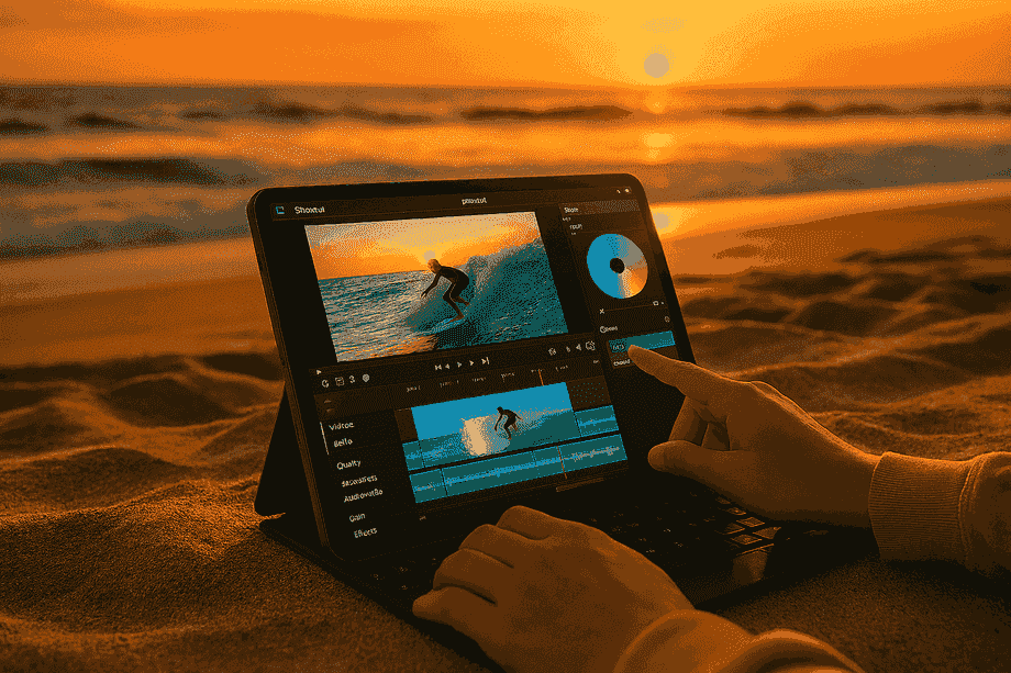 Beginner exporting from DaVinci: warm desk, coffee steaming, happy creator