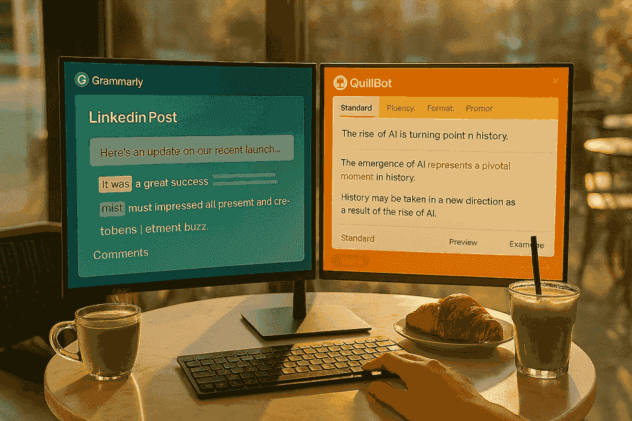 Dual-monitor cafe scene: Grammarly blue tones polishing a LinkedIn post (left), QuillBot orange spinning essay variants (right).