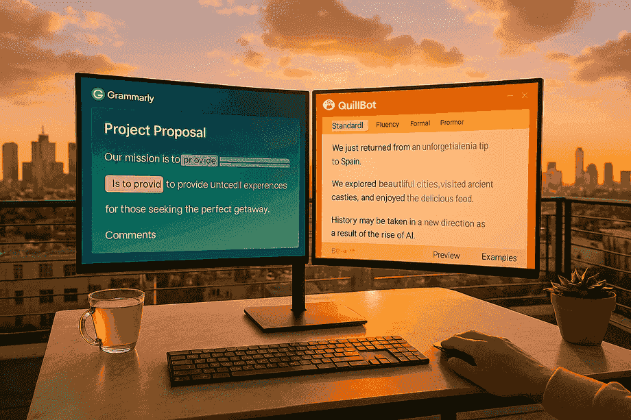 Rooftop terrace split: Grammarly refining a proposal (left) and QuillBot remixing a travel story (right) with a city skyline.