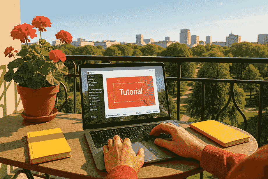 Sun-drenched balcony: laptop capturing a tutorial with ShareX interface and a yellow notebook.