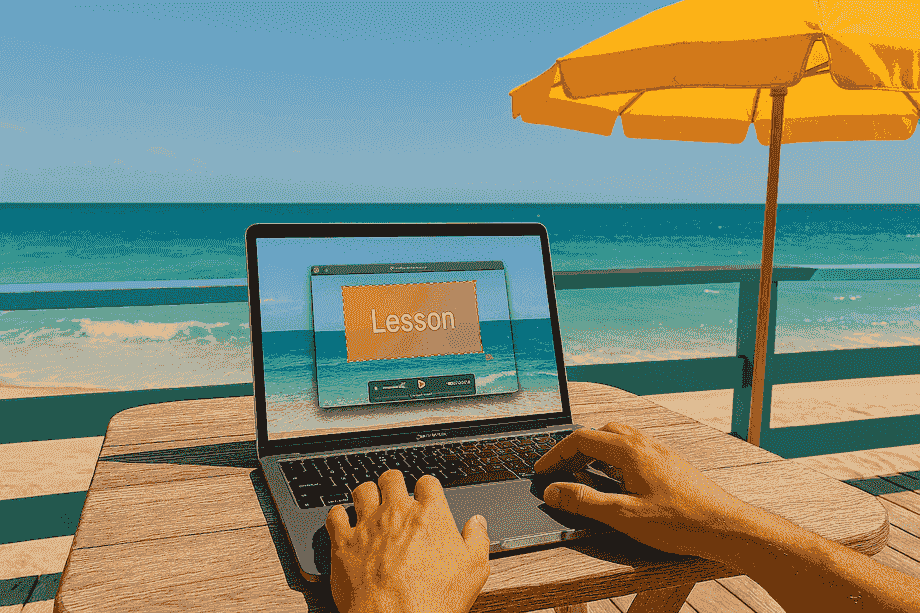MacBook on a beachside deck recording with QuickTime, turquoise waves visible behind.