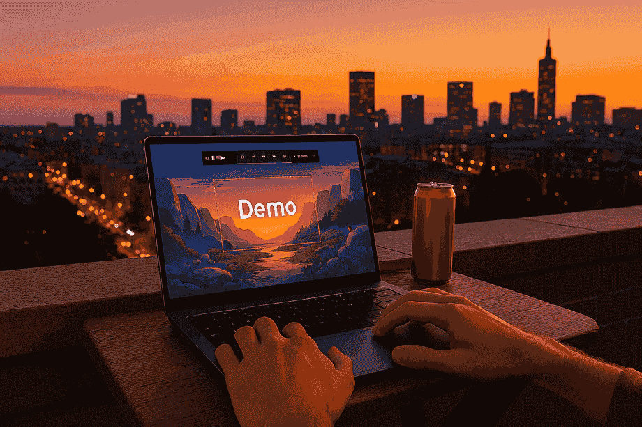 Windows laptop on a rooftop at sunset recording with Xbox Game Bar overlay.