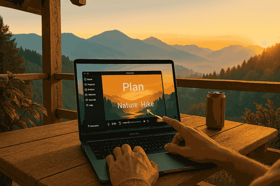 Mountain cabin porch with a MacBook recording using ScreenPal, misty peaks in the distance.
