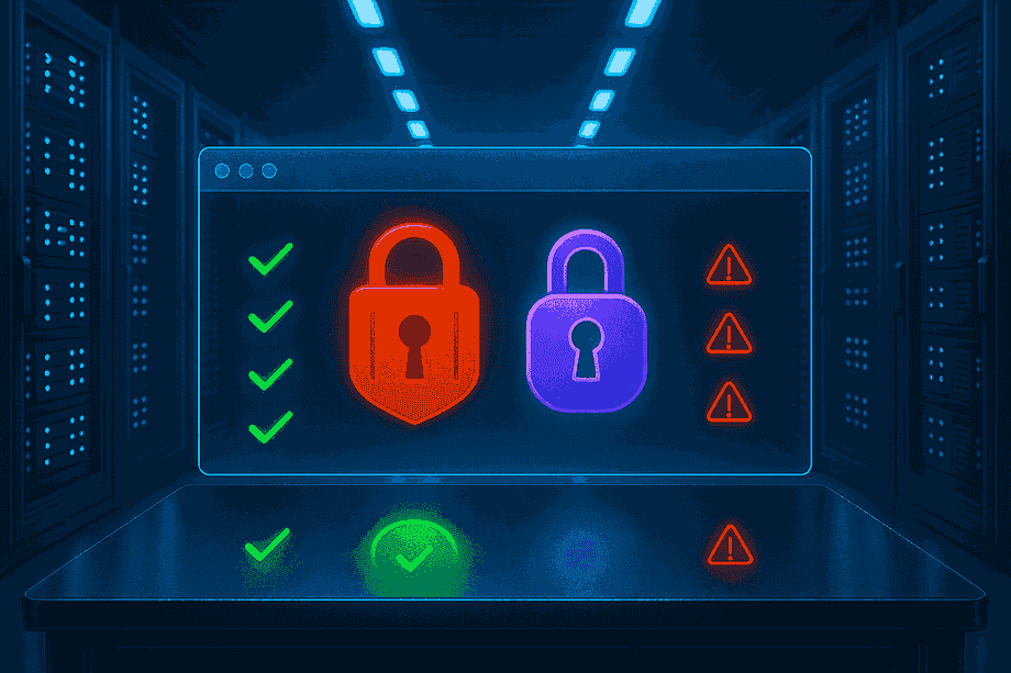 Data center corridor with Keeper and Dashlane padlocks