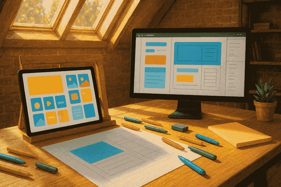 Design studio dual view: Canva template library vs Figma layered canvas, photoreal 16:9