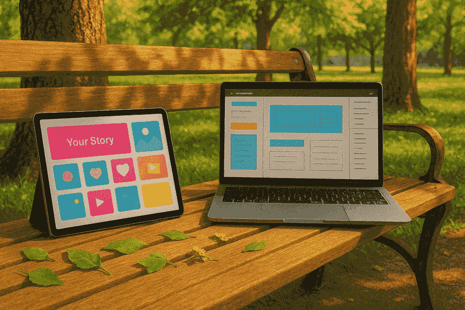 Outdoor scene: tablet with Canva templates and laptop with Figma prototype, photoreal 16:9