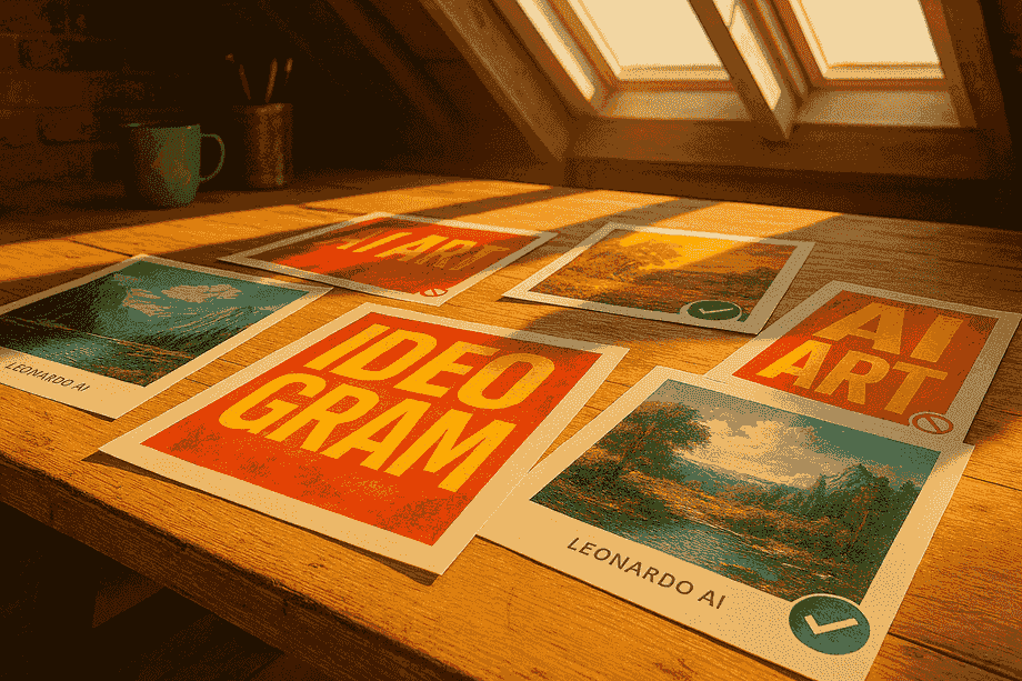 Creative loft workbench with AI printouts and quality badges, photoreal 16:9