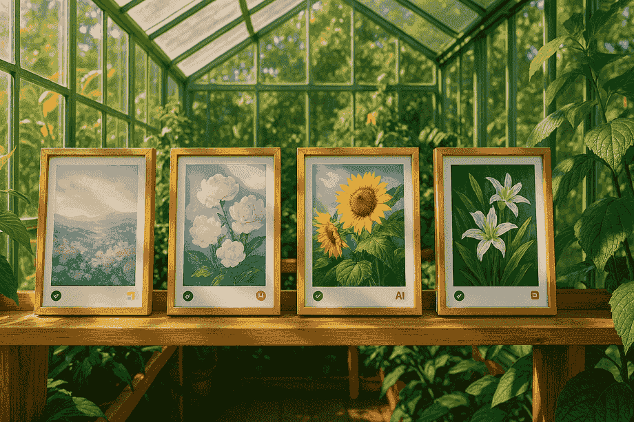 Sunlit greenhouse shelf with AI flower prints and credit icons, photoreal 16:9