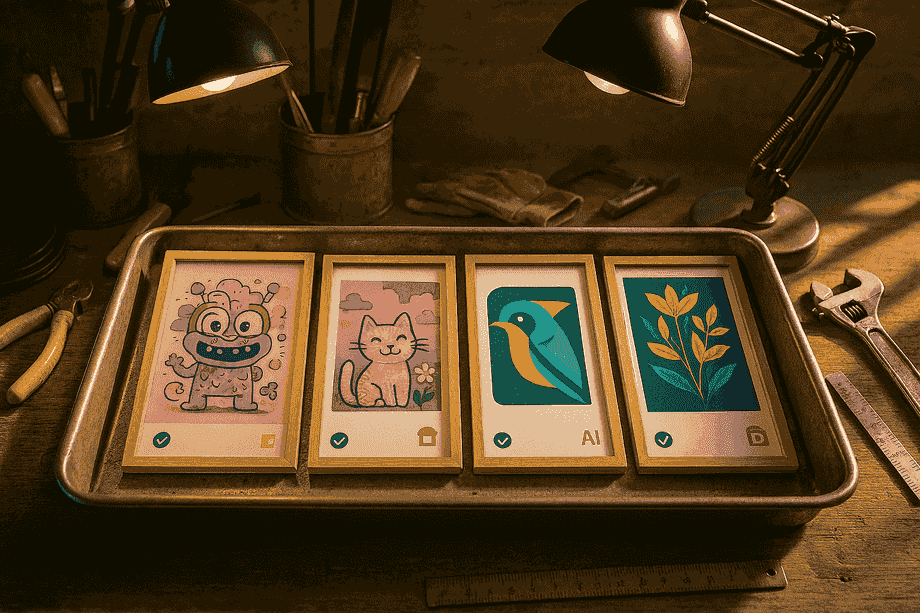 Sunlit workshop bench with AI art samples and throttle icons, photoreal 16:9