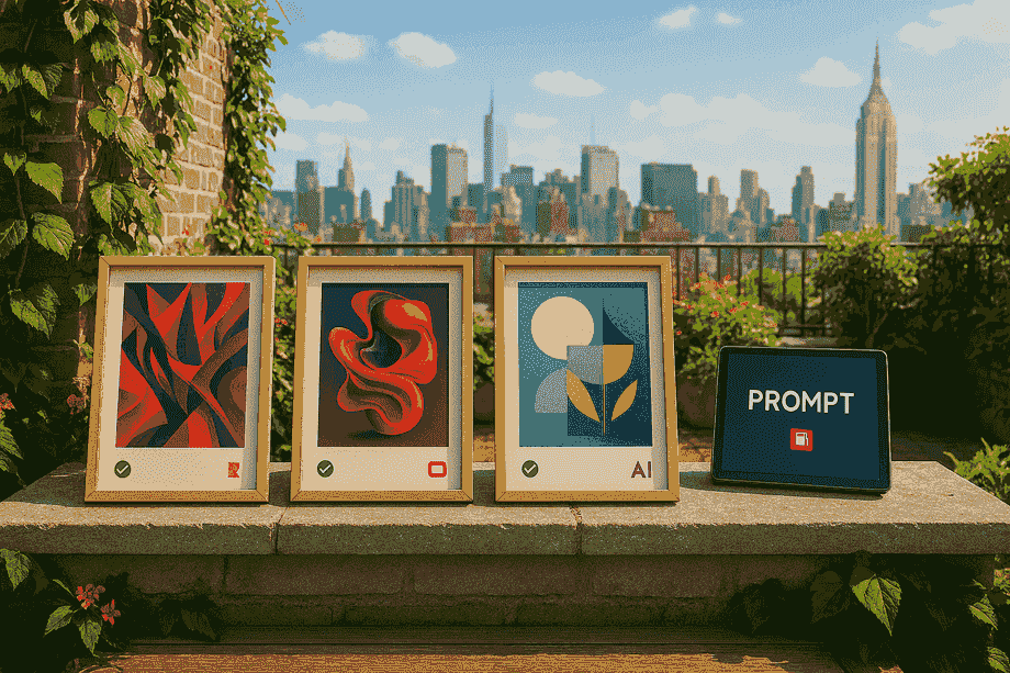 Sunlit rooftop garden display of AI prints with innovation plaques, photoreal 16:9