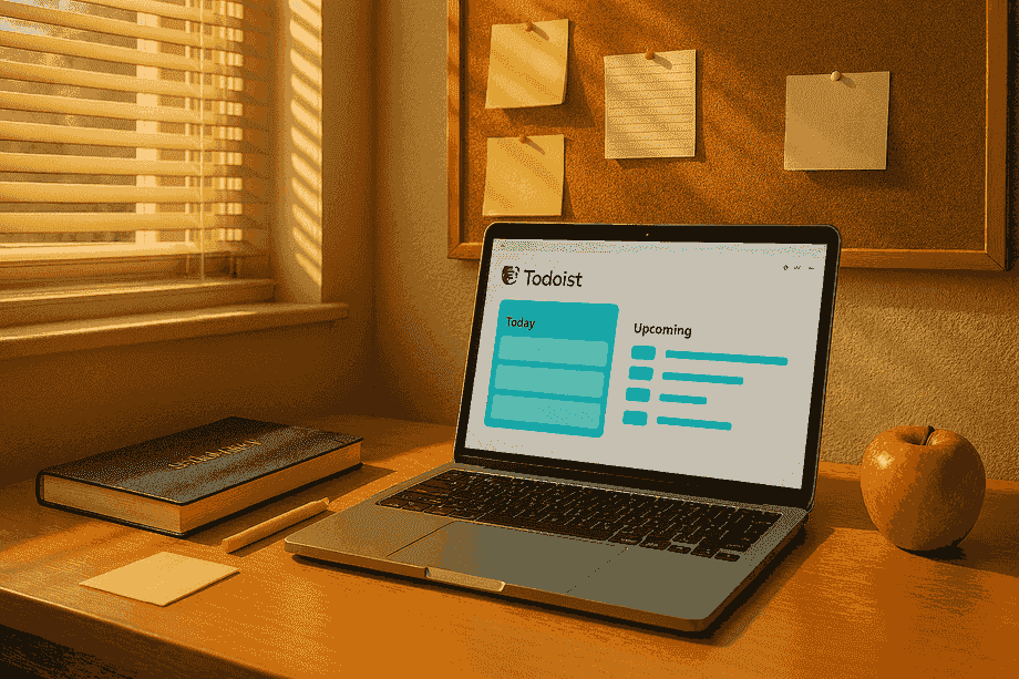 Sunlit dorm desk with Todoist task board and study essentials, photoreal 16:9