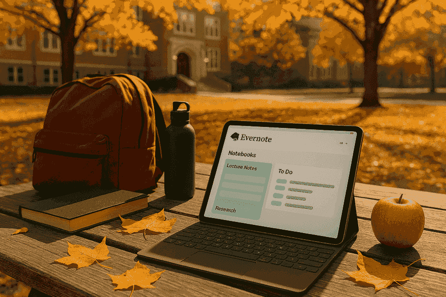Sunlit campus quad with Evernote notebook view on tablet, photoreal 16:9
