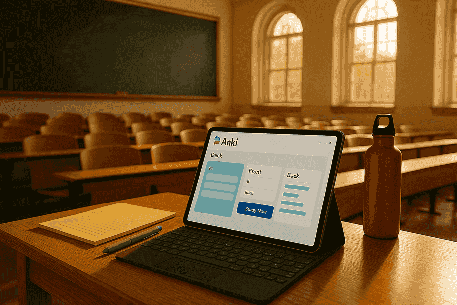 Sunlit lecture hall with Anki flashcards on tablet, photoreal 16:9