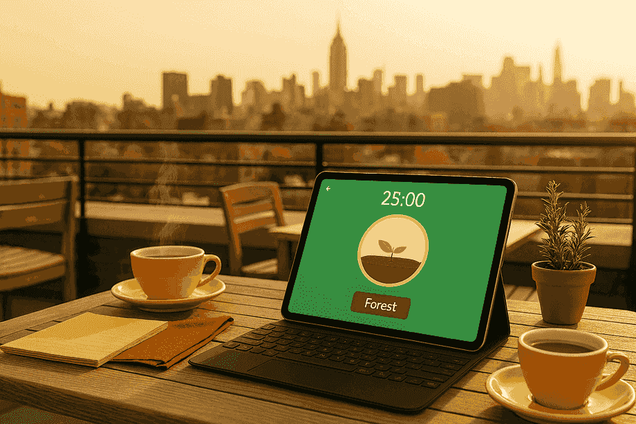 Sunlit rooftop café with Forest timer and city view, photoreal 16:9